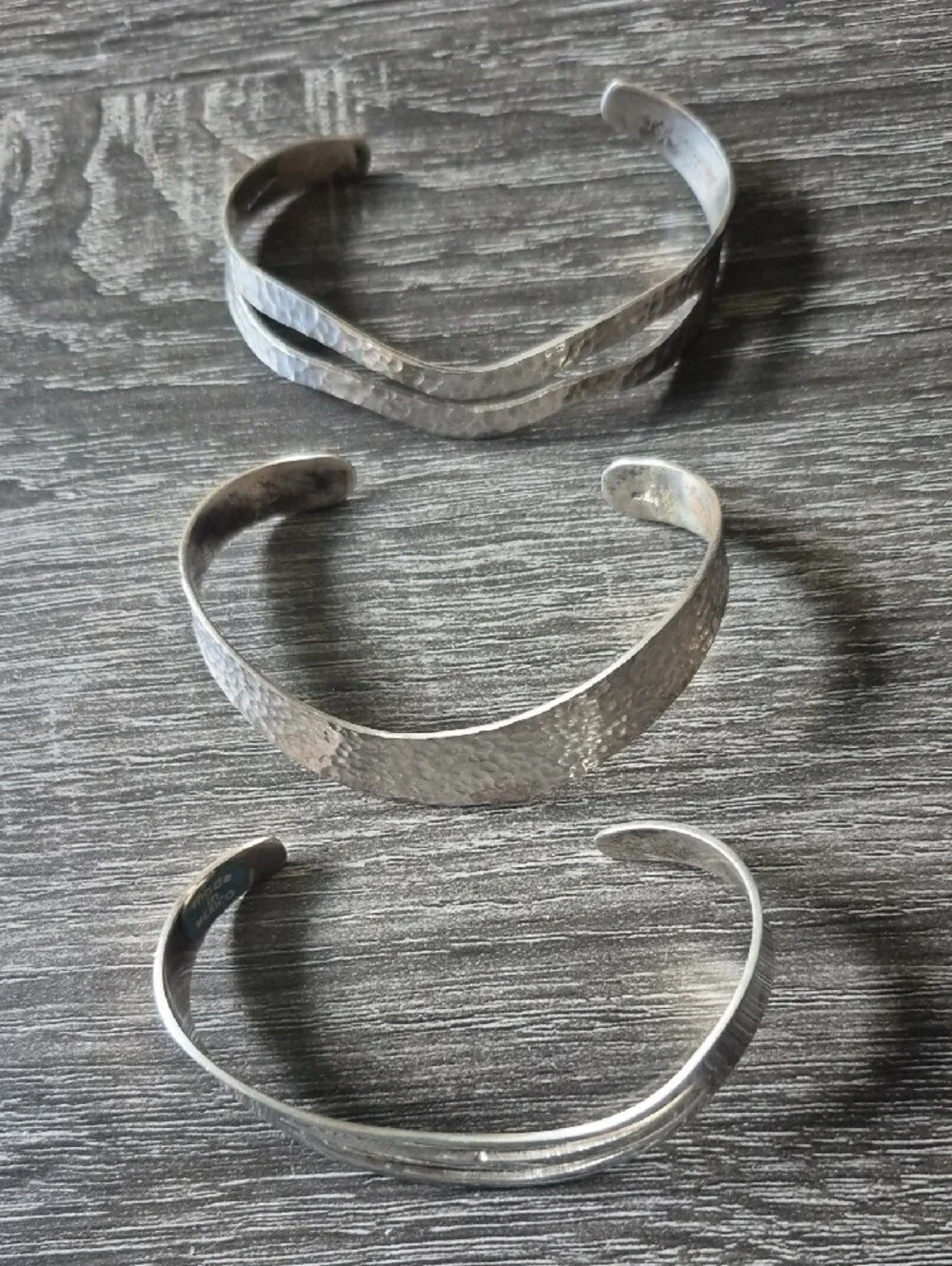 Vintage Mexico Silver Hammered Silver Wave Cuff Bracelets - Set of 3